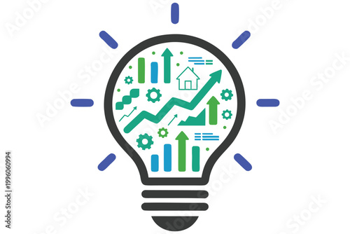 Lightbulb with upward trending graphs, gears, and house chart growth