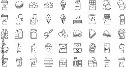 Hand Drawn Food and Drink Icon Set with Snacks, Desserts, Beverages, and Fast Food Outline Illustrations for Menu Design, Cafe Graphics, and Culinary Projects