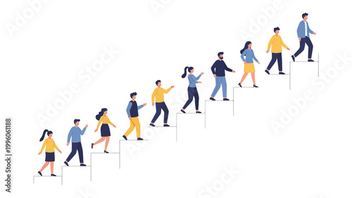 Ascending to the Apex: A graphic portrayal depicts individuals progressively ascending a staircase, symbolizing their journey towards aspirations and the steps of improvement. 
