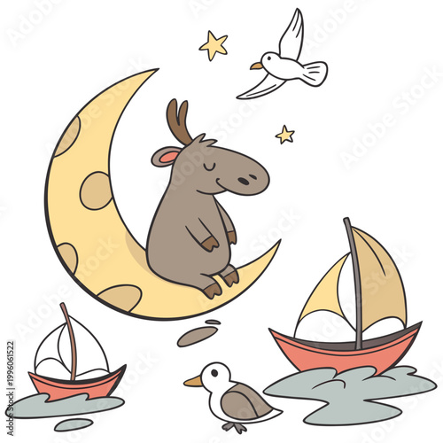 Vector illustration of a Mischievous Moose with sitting on a moon, styled in a Beach day theme using Ocean Breeze colors