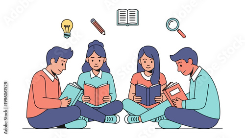 Shared Literacy Circle: Young learners are engrossed in books, surrounded by symbolic elements of knowledge and learning. A study group centered on exploration of literature and ideas.