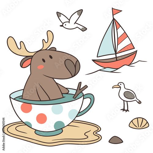 Shy Moose with in a teacup, set in a charming Beach day theme – Ocean Breeze color vector art
