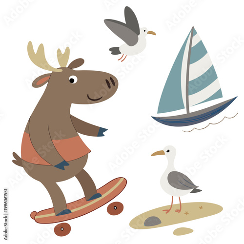 Curious expression on a Moose in a Beach day theme, with riding a skateboard – Ocean Breeze vector art
