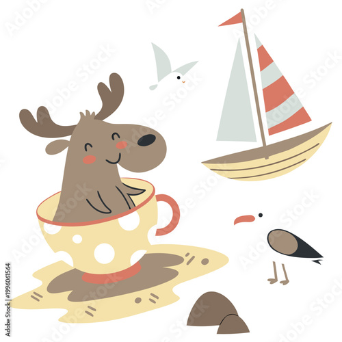 Whimsical Moose feeling Excited in a Beach day setting with in a teacup – colored in Ocean Breeze
