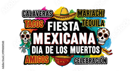 Vibrant Mexican Fiesta Celebration with Tacos and Tequila on Dia de los Muertos