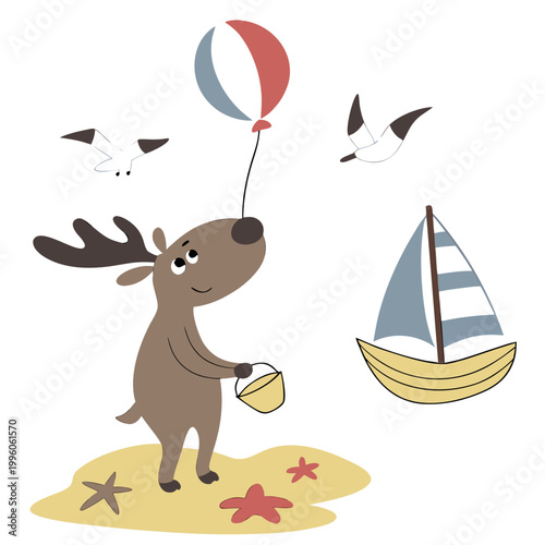 A Playful Moose with with a balloon in a Beach day theme – Ocean Breeze palette SVG illustration