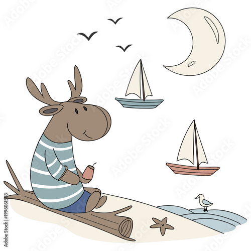 Ocean Breeze colored Moose with a Funny touch, placed in a Beach day theme and styled with sitting on a moon