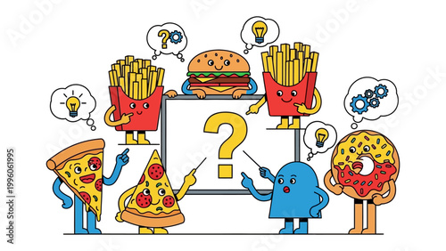 Food Characters' Debate: Animated food characters present an inquiry with the viewer, pondering the possibilities of choice while sharing their own perspectives 