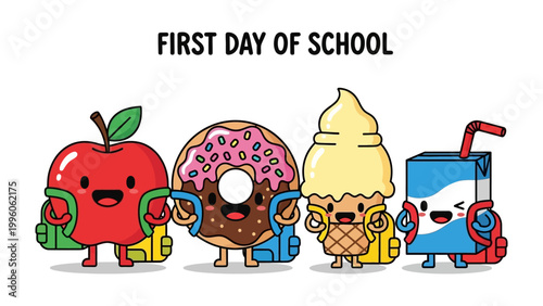 Back to School Snack Pack: A fun illustration of adorable anthropomorphic snacks, including an apple, donut, ice cream, and milk carton, all ready for their first day of school.