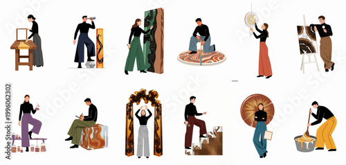 Creative artists and craftsmen working with epoxy resin and wood to create modern furniture, art, and architectural elements in a flat vector illustration.