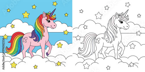 Magical Pink Unicorn with Rainbow Mane and Tail Standing on Clouds, Whimsical Mythical Creature