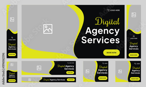 Digital Agency Services Banner Set: A visually dynamic banner set with a sleek, modern design promoting digital agency services, featuring striking layouts and a professional aesthetic.
