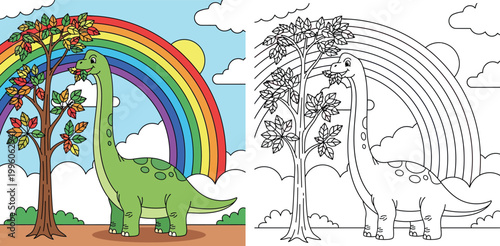 Cute Cartoon Brachiosaurus Dinosaur Eating Leaves Under a Bright Rainbow and Sunny Sky