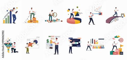 Business marketing and data analysis vector illustration set featuring growth metrics, acquisition costs, funnel optimization, and performance tracking.