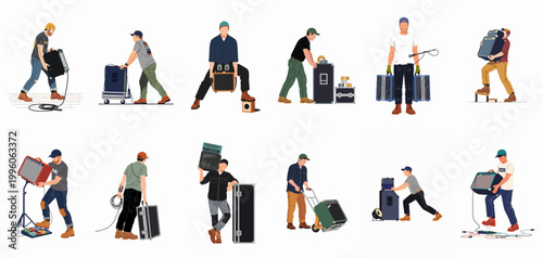Vector illustrations of roadies and stagehands moving and setting up musical equipment like amplifiers, speakers, and flight cases on white background.