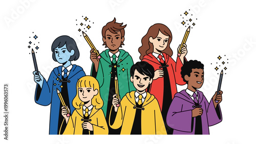 Magical Gathering: A captivating illustration portrays a group of young individuals, each adorned in vibrant robes, brandishing wands as they converge.