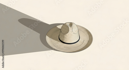 A stylish beige hat with a black band lies on a plain beige surface casting a shadow.