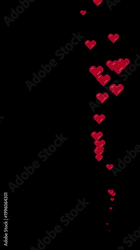 Vertical pixel art heart particles animation on transparent alpha channel.