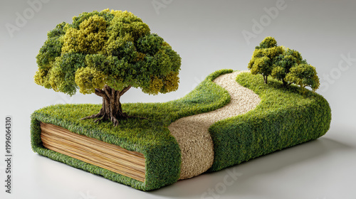 A miniature-style landscape with lush green trees and a winding dirt path across rolling hills, rendered in a soft realistic 3D style on a neutral gray background.