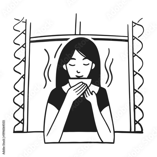 Sick woman, blowing nose, cold, flu symptoms, vector illustration, black and white