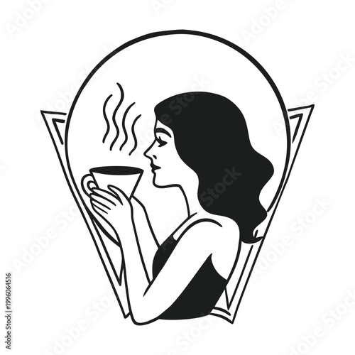 Black and white, woman drinking coffee, steaming cup, vector illustration, minimalist design
