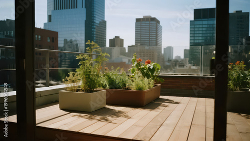 A sunlit urban balcony with terracotta potted plants and wooden floors, creating a fresh and healing city gardening atmosphere, making it a visual material image suitable for home and greenery scenari