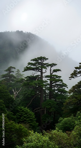 Misty Mountain Forest - A Serene Landscape of Trees and Fog.
