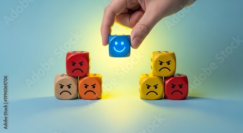 Hand placing a blue happy face dice among red sad face dice, symbolizing positivity and change in mood, concept of emotional transformation and optimism.
