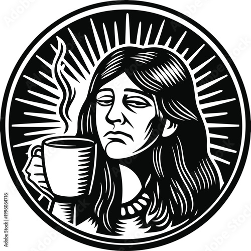 Black and white, vintage style woman with coffee cup, morning routine, monochrome illustration, circular badge