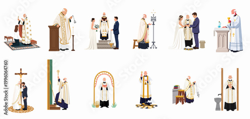 Vector illustrations of Catholic priests performing religious ceremonies including weddings, blessings, liturgy, and sacraments in traditional vestments, isolated on white background.