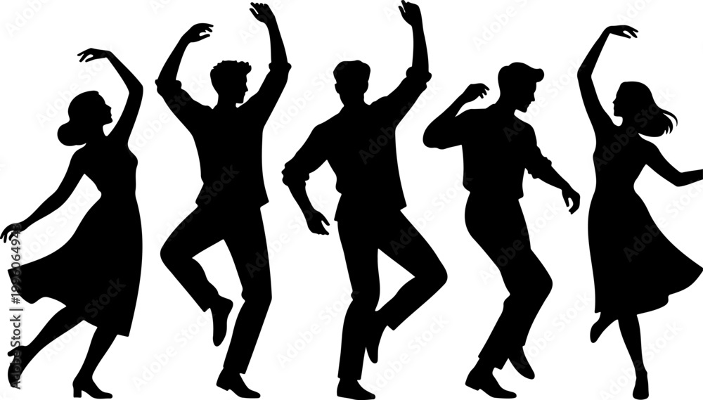 Fototapeta premium Five Dancing People Silhouette Set Bold Dynamic Vector