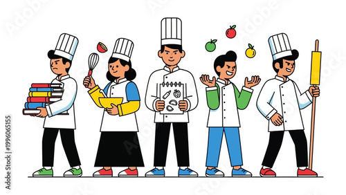 Slika na platnu Culinary Team Spirit: A dynamic illustration depicts a team of chefs, each wielding a tool of their trade and radiating a sense of dedication and expertise