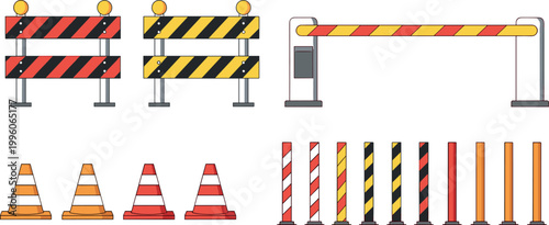 Road Construction Barrier, Traffic Cone, Gate and Bollard Vector Icon Set for Safety, Highway, and Traffic Control Design Projects