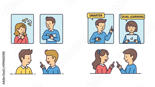 Interactive Learning: A dynamic illustration showing a diverse group engaged in interactive learning experiences. Highlighting a dual-learning process to encourage smarter work and communication.