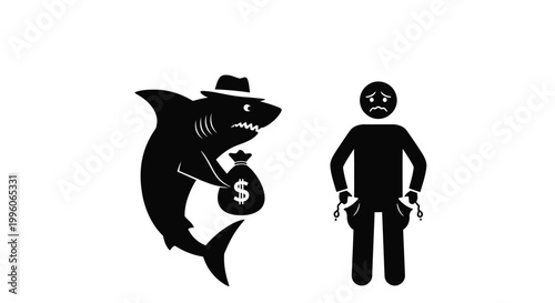 Predatory loan shark wearing a hat holding money while standing beside a sad broke person