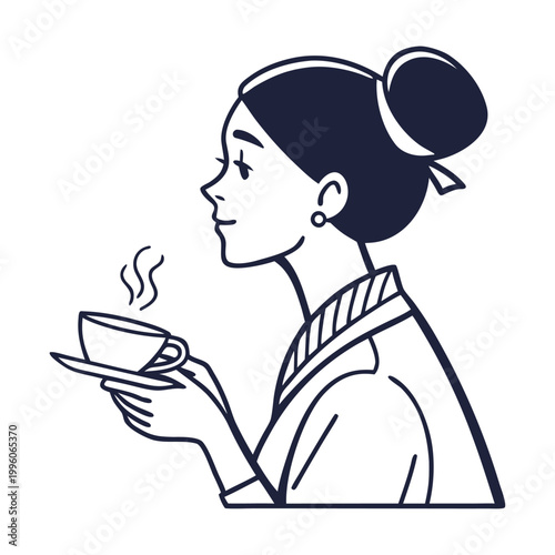 Minimalist woman, coffee drinker, simple line art, monochrome illustration, vector icon