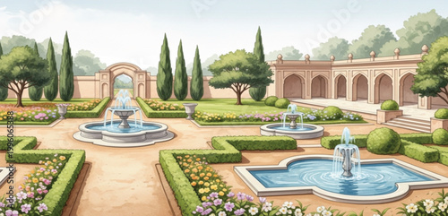 Elegant Palace Garden Courtyard with Fountains, Floral Paths and Classical Architecture, Luxury Landscape Background Illustration Design Scene