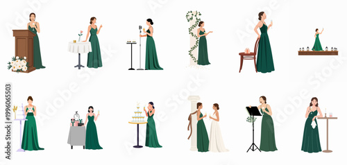 Collection of elegant bridesmaid illustrations in green evening gowns performing various roles at a wedding celebration, from speeches to toasts.