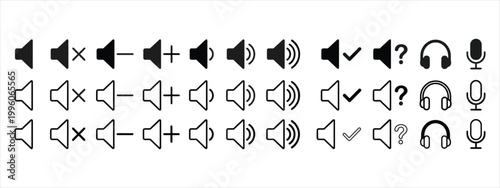 Minimalist audio icon set, speaker volume control symbols, black and white sound interface elements, headphones and microphone vector collection
