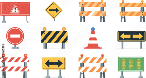 Road Construction Warning Sign and Barrier Icon Set with Traffic Cone and Arrow Symbols for Safety and Highway Design Projects