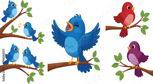 Colorful Cartoon Birds on Branches – Blue, Red and Purple Singing and Perching Bird Characters Illustration
