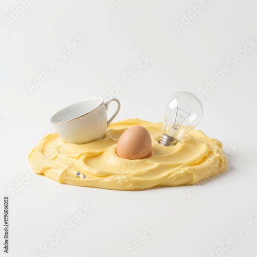 Zerbrechliche Objekte eingebettet in Butter als Metapher für Sicherheit und Stabilität, minimalistisches Konzeptbild.