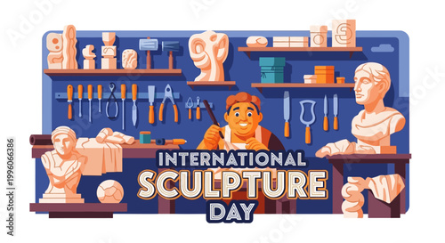 An artist is depicted in a bright, vector art illustration for International Sculpture Day, working on a bust in a workshop filled with tools and shelves displaying various classical