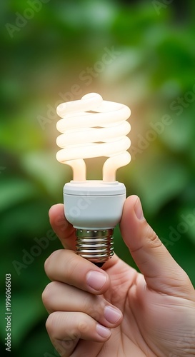 Energy-Efficient Lighting - Hand Holding a Glowing Compact Fluorescent Bulb.