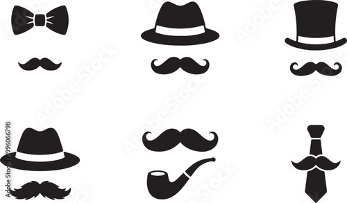 Gentleman Icons Set: Hats, Mustaches, Bow Tie, Pipe, Necktie Silhouettes - Flat Design Vector Illustration