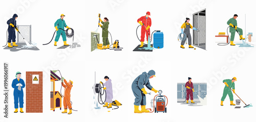 Collection of professional cleaners and maintenance workers in protective gear performing various industrial and sanitation tasks with specialized equipment in a flat vector style.