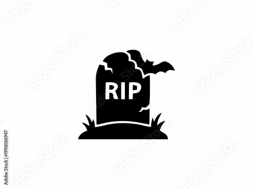 Tombstone RIP Icon with Bat and Grass Silhouette on White Background