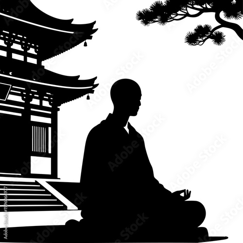 Art & IllustrationMonk Meditation Temple Silhouette Bold Spiritual Vector
