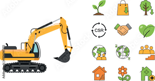 Excavator Construction Machine with CSR Green Icon Set for Eco Friendly Business, Community, and Sustainable Development Designs