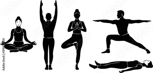 Five Meditation and Yoga Silhouette Set Calm Balance Vector